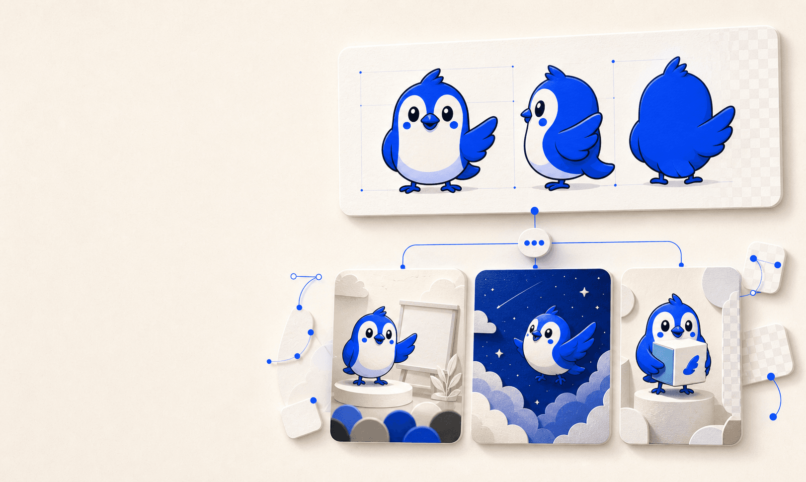 One blue bird mascot shown as a three-view reference sheet and reused consistently in several new scenes